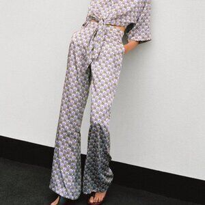 Zara Patterned Wide-Leg Trousers - Purple and White